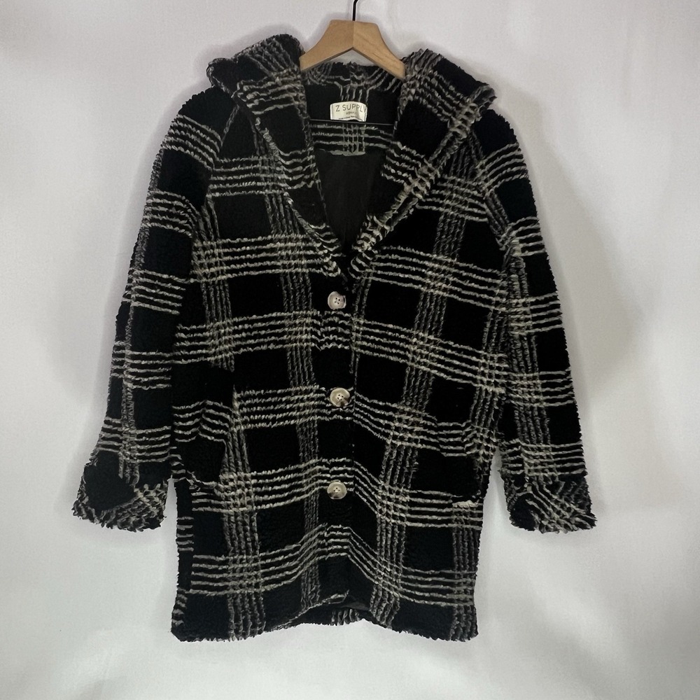 Z Supply Jacket Women Sz XS‎ Black Beige Plaid Hastings Sherpa Plaid Coat Button